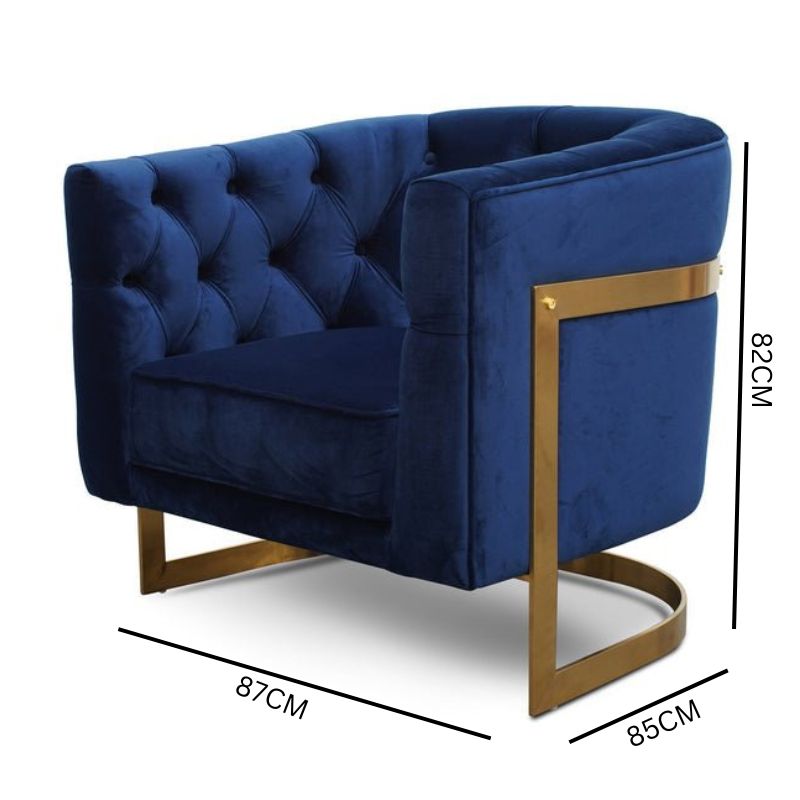 Lila Armchair - Blue Velvet - Brushed Gold Base