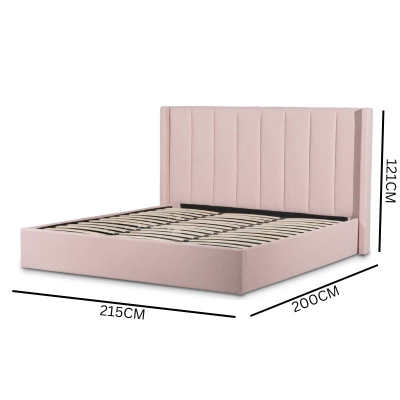 Vivienne Fabric King Bed Frame - Blush Pink with Storage