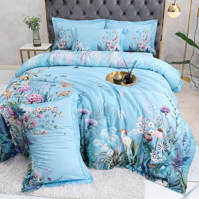 Botanical Sky Blue Duvet Cover Set (Egyptian Cotton, 500 TC) - Duvet Covers