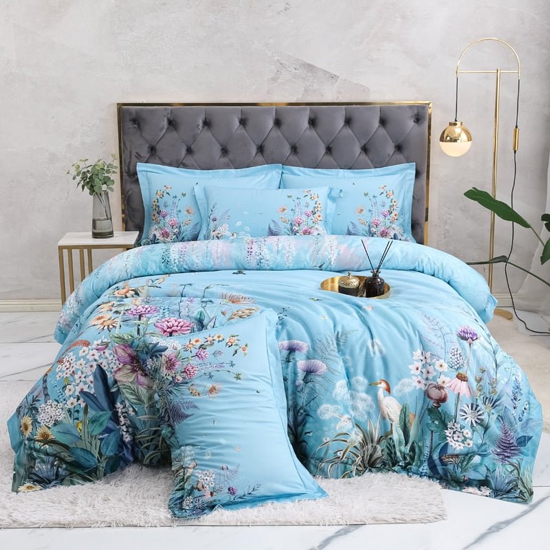 Botanical Sky Blue Duvet Cover Set (Egyptian Cotton, 500 TC) - Duvet Covers