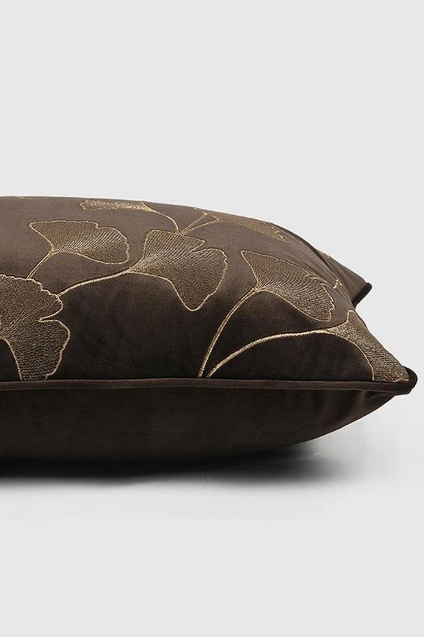 Ginkgo Leaf Embroidered Velvet Lumbar Pillow Cover , Brown - Pillow Covers