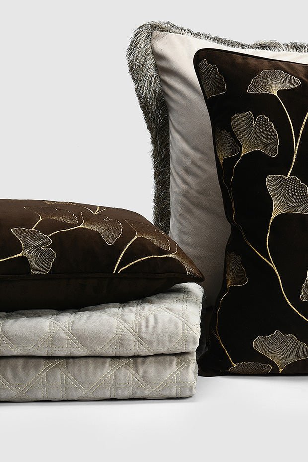 Ginkgo Leaf Embroidered Velvet Lumbar Pillow Cover , Brown - Pillow Covers