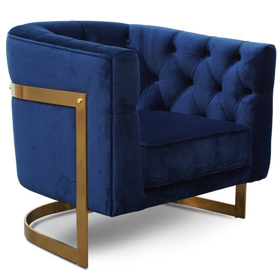 Lila Armchair - Blue Velvet - Brushed Gold Base - Armchairs