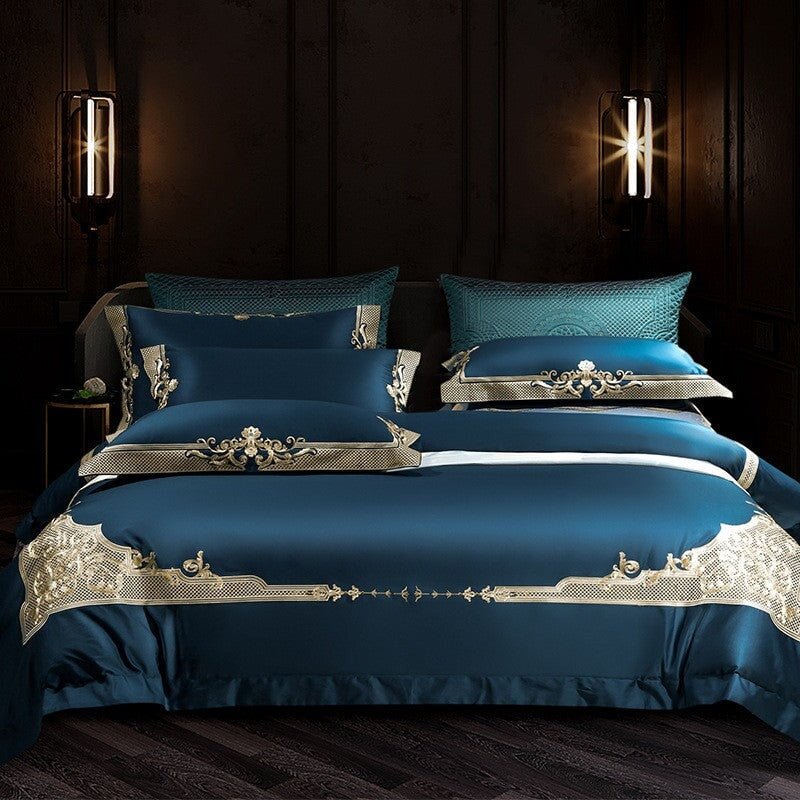 Midnight Blue Golden Jacquard Duvet Cover Set - Duvet Covers