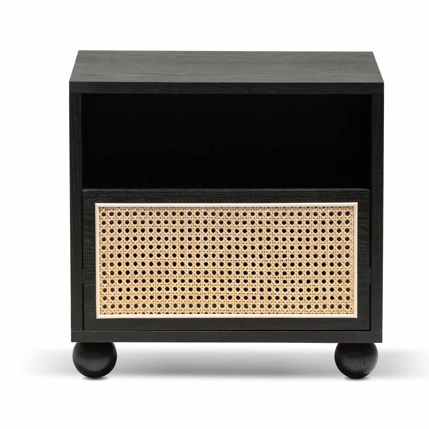 Thiago Wooden Side Table with Rattan Front - Black - Bedside Tables