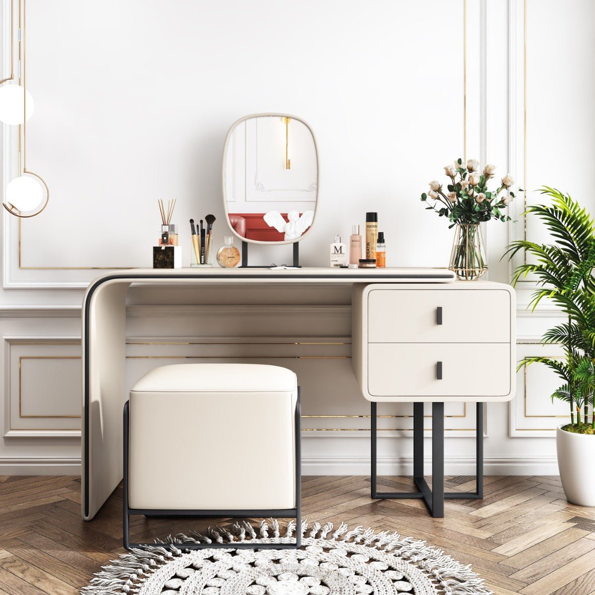 Vancouver White Leather Vanity Set - Make-Up Vanity