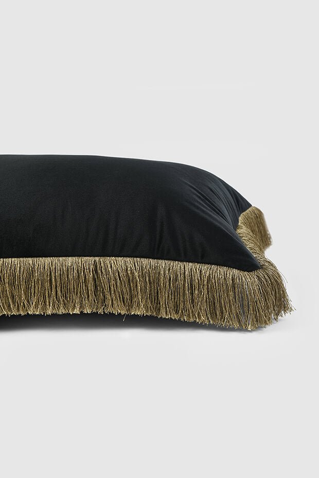 Velvet Fringe Lumbar Pillow Cover , Black - Pillow Covers